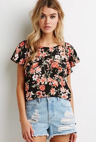 Forever21 Watercolor Floral Flutter-sleeve Top