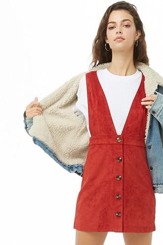 Forever21 Button-front Faux Suede Pinafore Dress