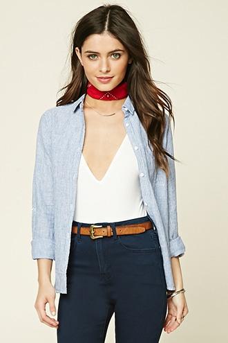 Forever21 Women's  Blue Striped Pocket Shirt