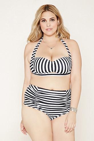 Forever21 Plus Women's  White & Black Plus Size Stripe Bikini Bottoms