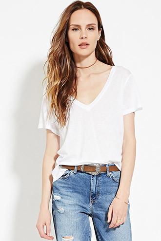 Love21 Women's  White Contemporary V-neck Tee