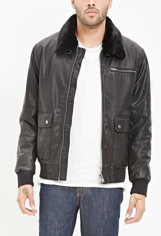 21 Men Faux Leather Bomber Jacket
