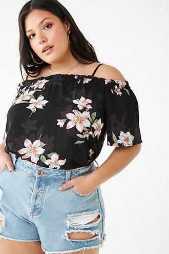 Forever21 Plus Size Crepe Floral Open-shoulder Top