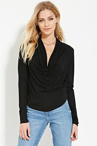 Love21 Women's  Black Contemporary Cowl Neck Top
