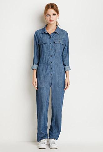 Forever21 Button-down Denim Jumpsuit