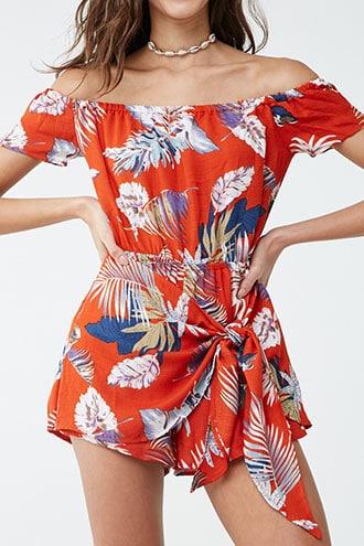 Forever21 Leaf Print Wrap-front Romper