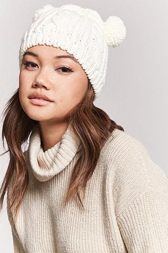 Forever21 Cable Knit Pom Pom Ear Beanie