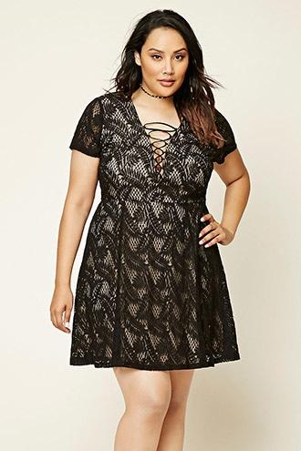 Forever21 Plus Women's Black & Nude Plus Size Lace-up Dress