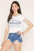 Forever21 Women's  Cream & Navy Fringed Geo-embroidered Top