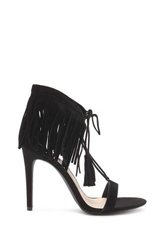 Forever21 Women's  Black Genuine Suede Fringed Sandals