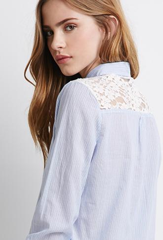 Forever 21 Floral Lace Yoke Shirt Blue/white Small