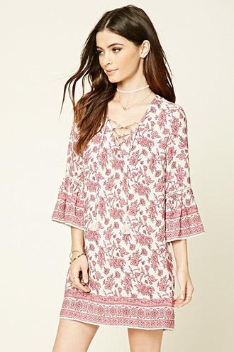Forever21 Women's  Blush & Light Pink Floral Print Bell-sleeved Dress