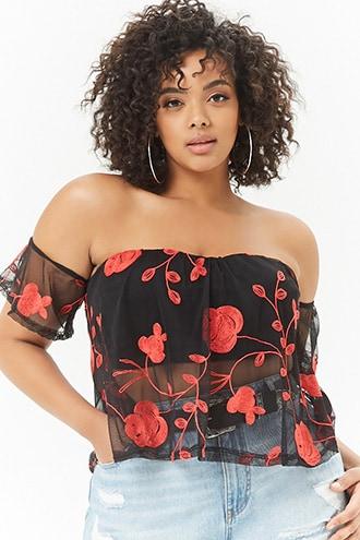 Forever21 Plus Size Embroidered Mesh Off-the-shoulder Top
