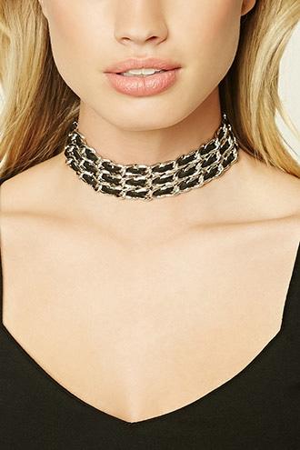 Forever21 Silver & Black Faux Leather Chain Choker