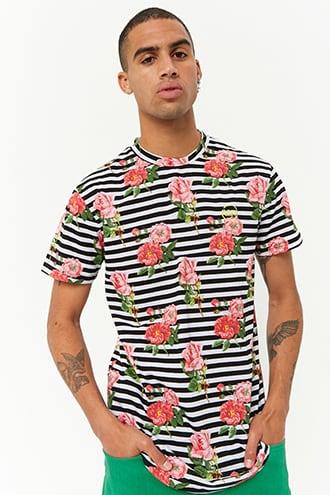 Forever21 Young & Reckless Floral Print Striped Tee