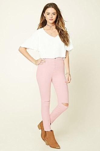 Forever21 Women's  Blush Stretch-knit Ripped Pants