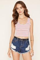 Forever21 Women's  Cream & Berry Stripe Print Crop Top