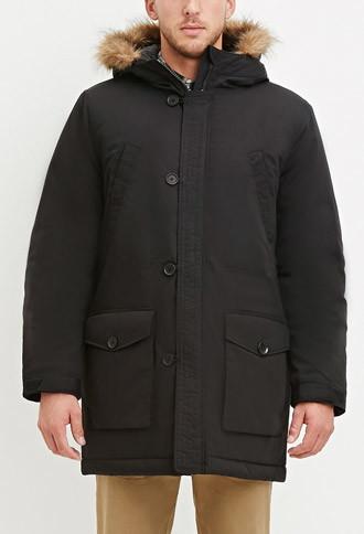 21 Men Men's  Faux Fur Hooded Parka (black)