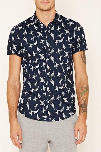 21 Men Men's  Navy & White Bird Print Cotton Shirt