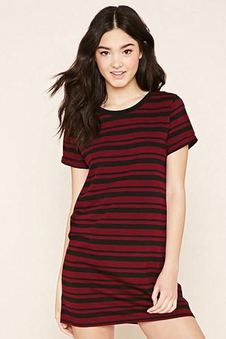 Forever21 Women's Burgundy & Black Striped T-shirt Dress