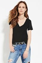 Love21 Women's  Black Contemporary V-neck Tee