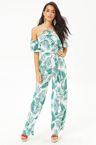Forever21 Palm Leaf-print Open-shoulder Jumpsuit