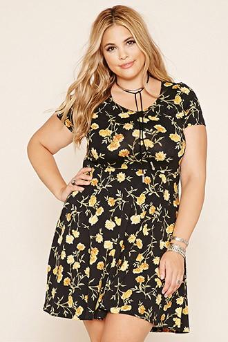 Forever21 Plus Women's  Black & Yellow Plus Size Floral Mini Dress