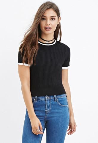 Forever21 Women's  Stripe-trim Ribbed Sweater (black/cream)