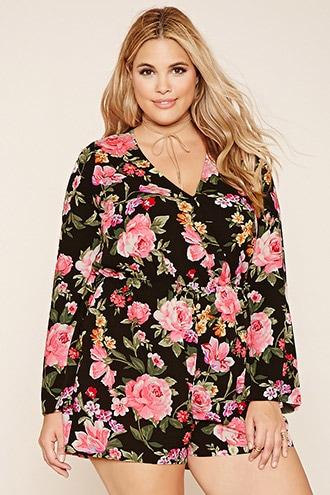 Forever21 Plus Women's  Black & Light Pink Plus Size Rose Print Romper