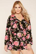 Forever21 Plus Women's  Black & Light Pink Plus Size Rose Print Romper