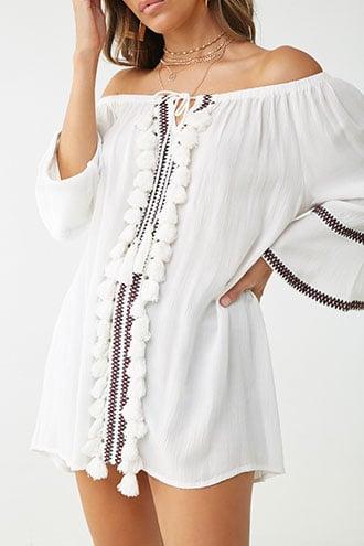 Forever21 Embroidered Tassel Off-the-shoulder Tunic