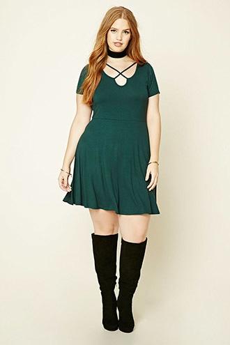 Forever21 Plus Women's Hunter Green Plus Size Cutout Skater Dress