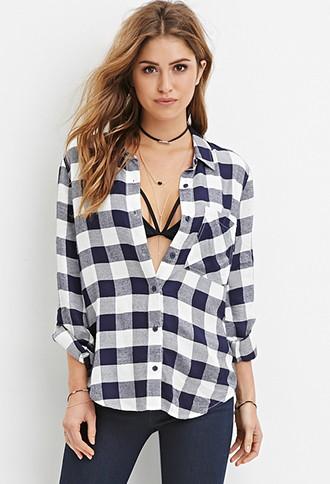 Forever21 Women's  Gingham Plaid Shirt (cream/navy)