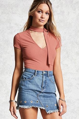 Forever21 Ribbed Keyhole Mock Neck Top