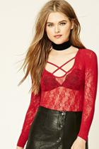 Forever21 Women's  Red Stretch Lace Crisscross Top