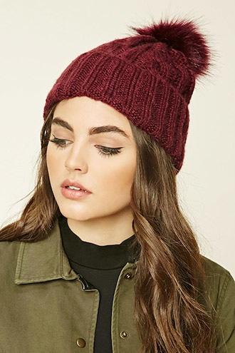 Forever21 Women's  Grape Fuzzy Pom-pom Beanie
