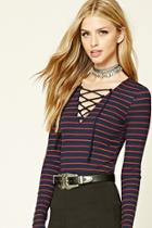 Forever21 Women's  Navy & Rust Striped Lace-up Top