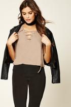 Forever21 Women's  Taupe Boxy Lace-up Front Top