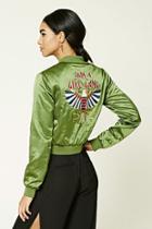 Forever21 Women's  Green & Cream Embroidered Bomber Jacket