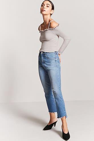Forever21 Marled Open-shoulder Ruffle Top