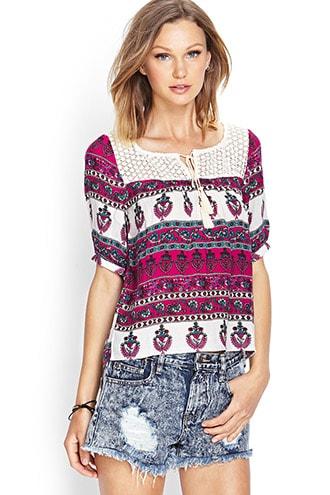 Forever21 Crochet Batik Print Top