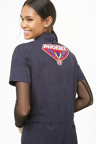 Forever21 Patch Graphic Zip-front Utility Jumpsuit