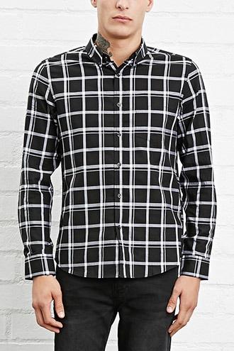 21 Men Men's  Black & White Fitted Woven Plaid Shirt