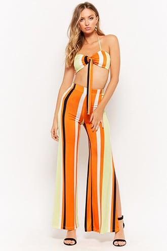 Forever21 Striped Halter Crop Cami And Pants Set