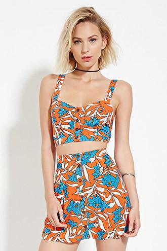 Forever21 Women's  Orange Floral Crop Top