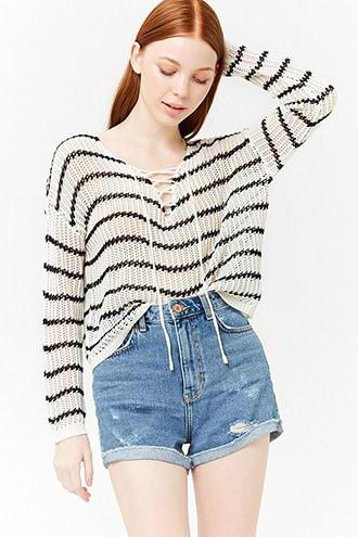 Forever21 Striped Lace-up Sweater