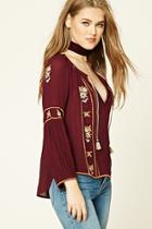 Forever21 Women's  Wine & Rust Embroidered Peasant Top