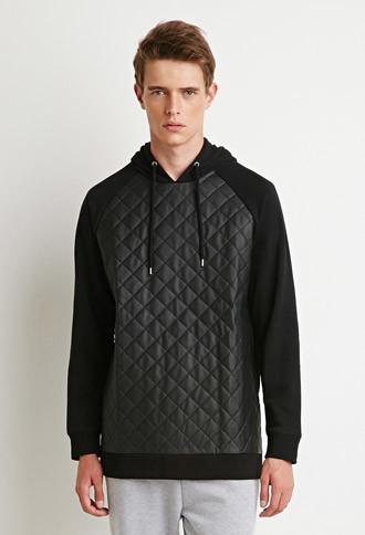 21 Men Quilted Faux Leather Hoodie