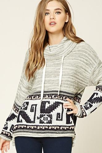 Forever21 Women's  Cream & Grey Drawstring Funnel Neck Sweater