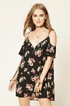 Forever21 Women's  Black & Pink Floral Print Open-shoulder Dress